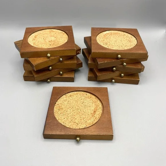 VTG (2) 70's Wine Press Wood And Cork Coaster Set Cork Screw Vice MCM Table Top - Picture 2 of 9
